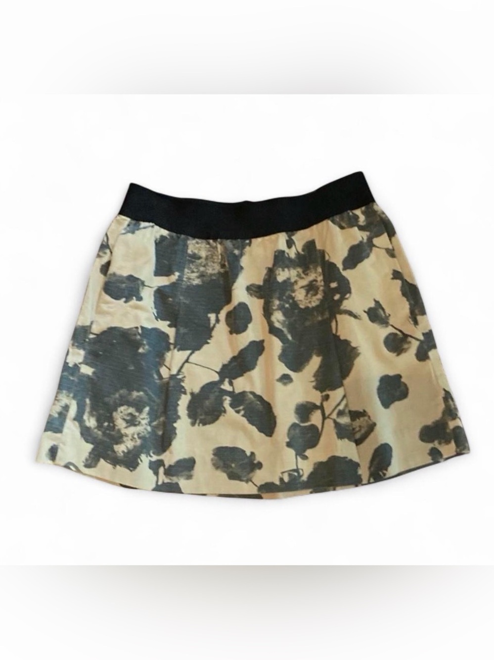 J Crew Tan & Black Floral Print Short A-Line Skirt with Elastic Waistband Sz 0
